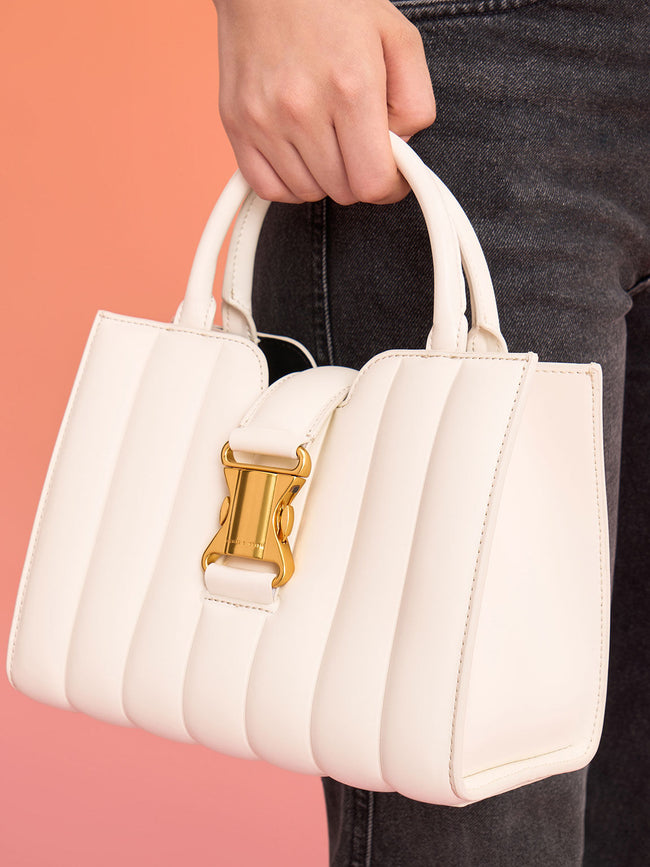 CHARLES & KEITH Ivy Panelled Metallic Buckle Tote Cream