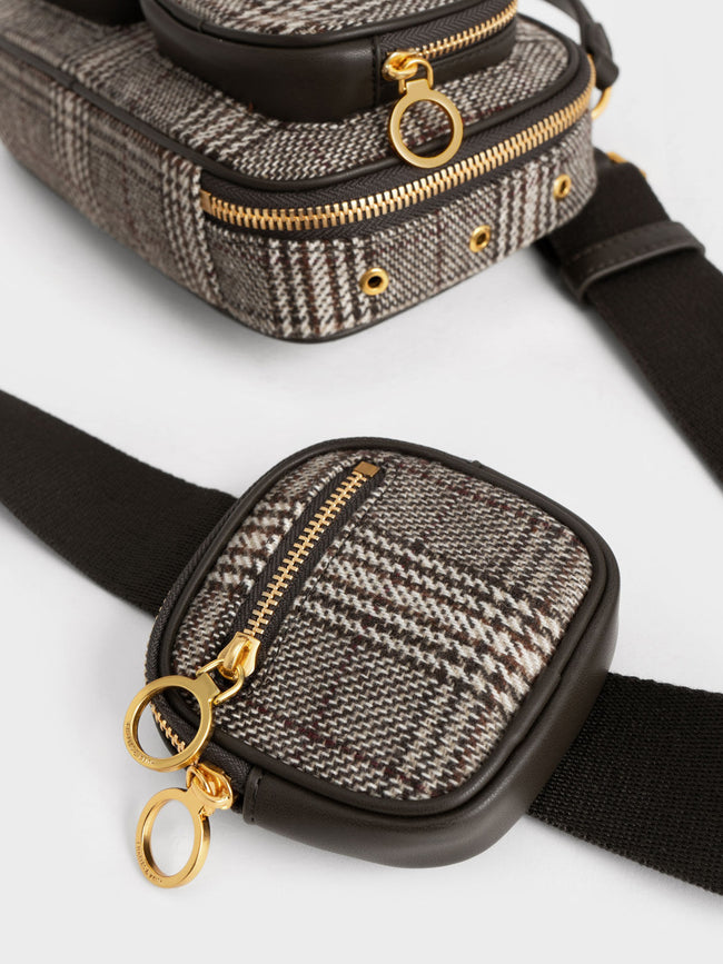 CHARLES & KEITH Checkered Multi-Pouch Crossbody Bag Dark Brown