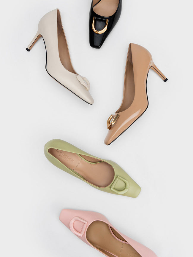 CHARLES & KEITH Gabine Leather Tapered Pumps Chalk
