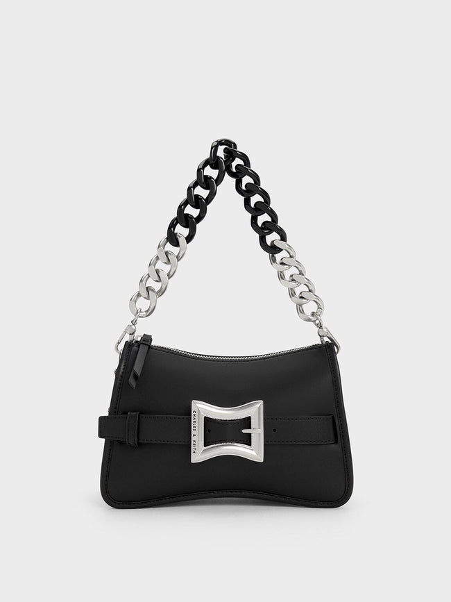 CHARLES & KEITH Chunky Chain Handle Belted Bag Black