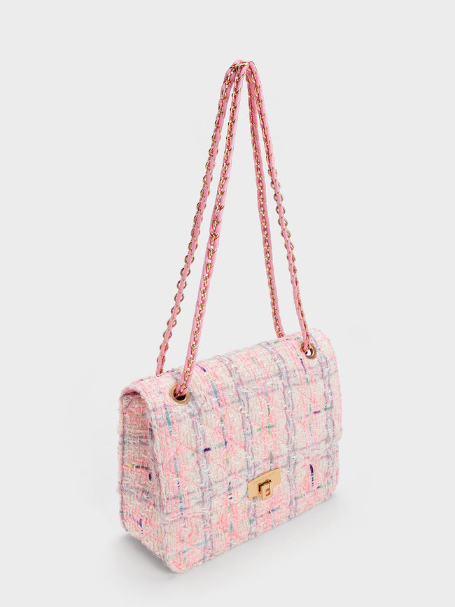 CHARLES & KEITH Tweed Quilted Chain Strap Bag Pink