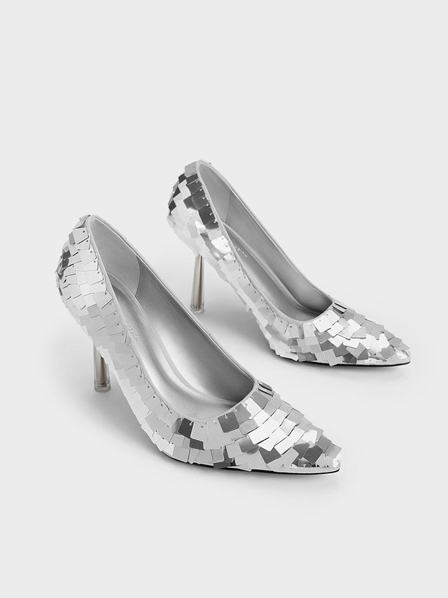 CHARLES & KEITH Sequinned Stiletto Heel Pumps Silver