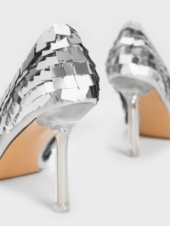 CHARLES & KEITH Sequinned Stiletto Heel Pumps Silver