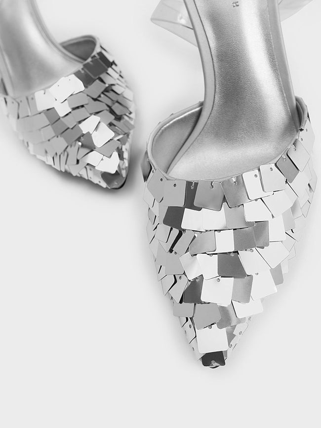 CHARLES & KEITH Sequinned Satin Ankle-Strap Pumps Silver