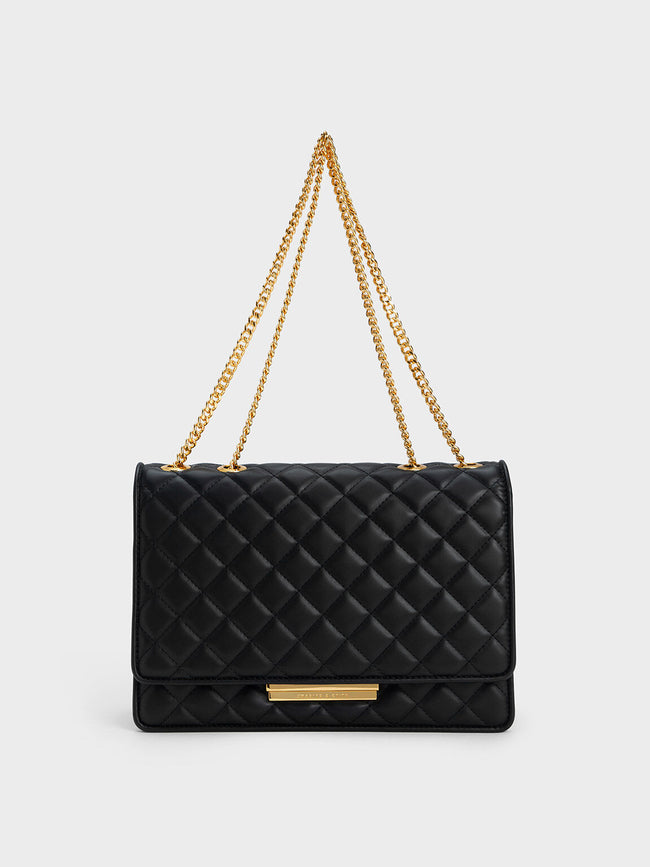 CHARLES & KEITH Push-Lock Quilted Crossbody Bag Black