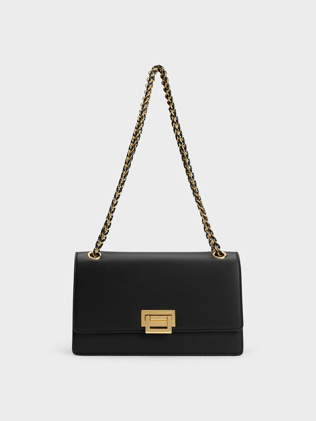 CHARLES & KEITH Metallic Accent Front Flap Bag Black