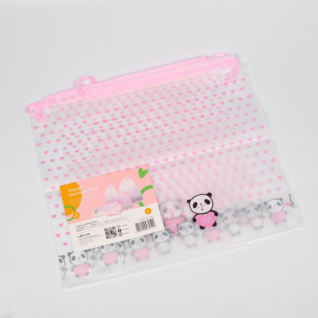 1 NOM Pink Panda Drawstring Travel Storage Bag L - 3 Pcs